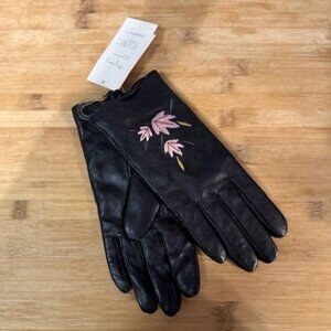 Retro Black leather gloves with pink / pastel floral embroidery - NWT